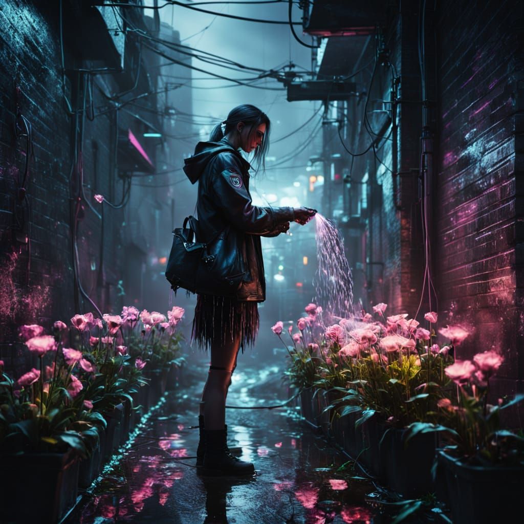 Cyberpunk Girl Waters Flowers With Electric Spark