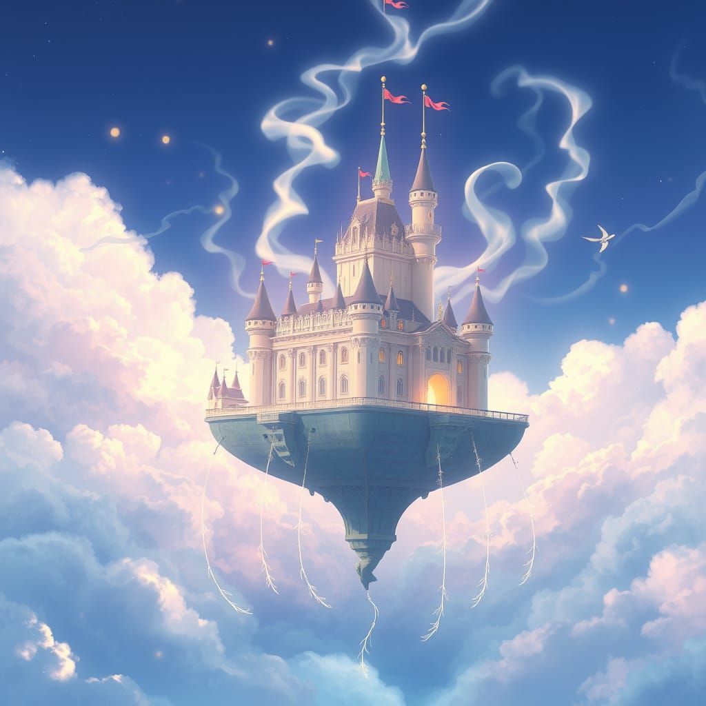 Whimsical Fantasy Castle Amidst Ethereal Clouds in Vibrant P...