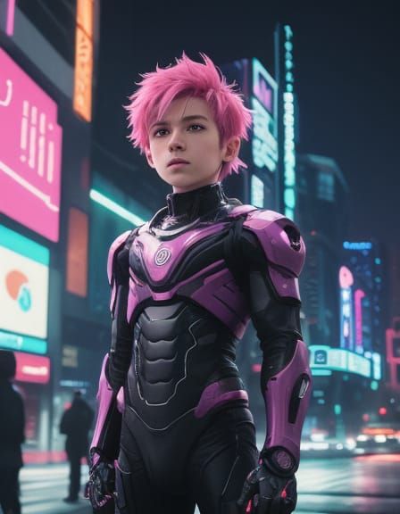 Child in Cybernetic Suit in Neon Cityscape