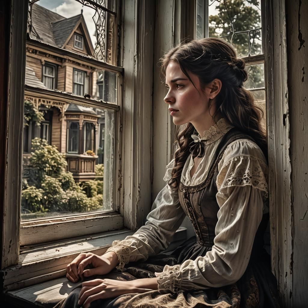 Girl Gazing from Victorian Window, Hyperrealistic Image