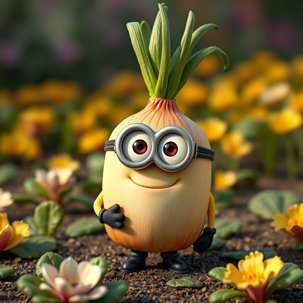 Cute Cartoon Onion Minion Character in a Vibrant Vegetable G...