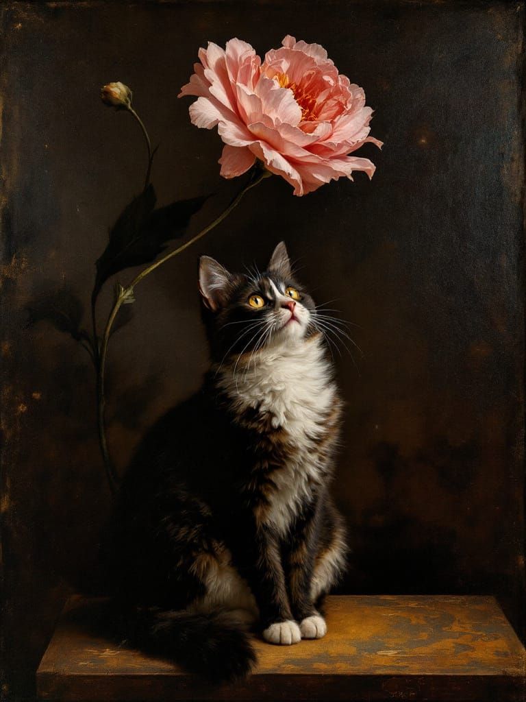 Cat Gazing at Flower in Northern Renaissance Style