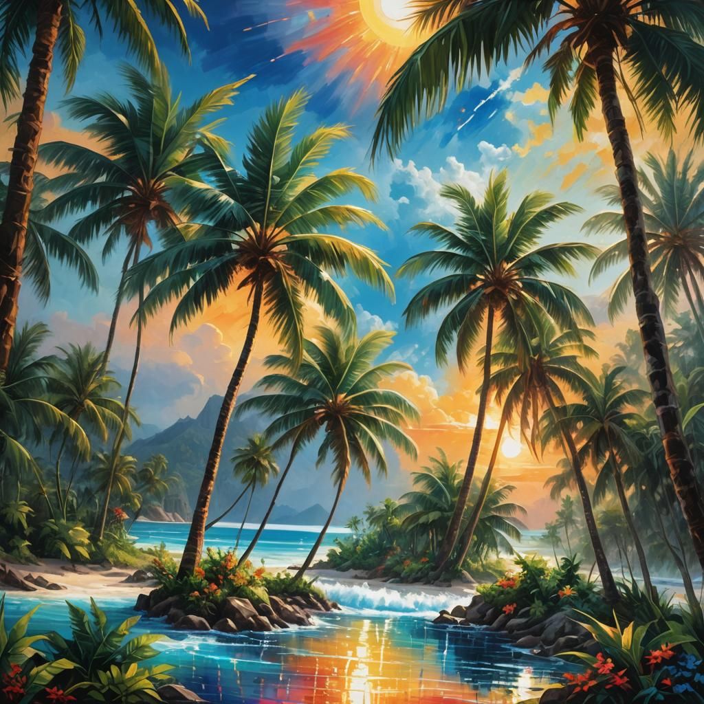 An electrifying tropical paradise bursting with vivid lumine...