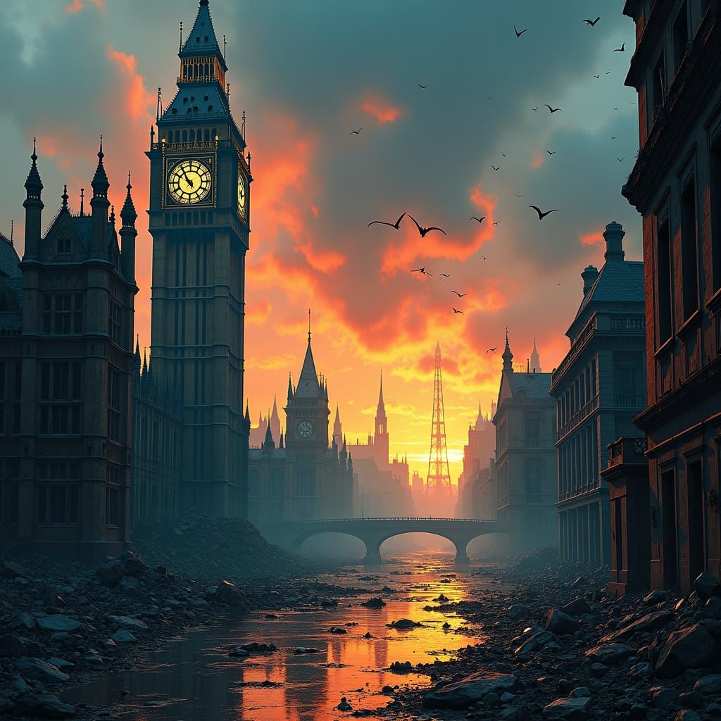 Post-Apocalyptic London Cityscape in Matte Painting Style