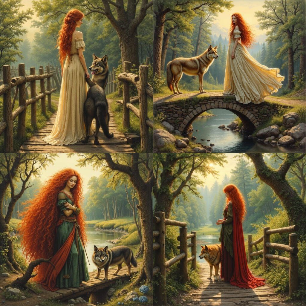 Redhead and Wolf on Bridge in Romantic Style
