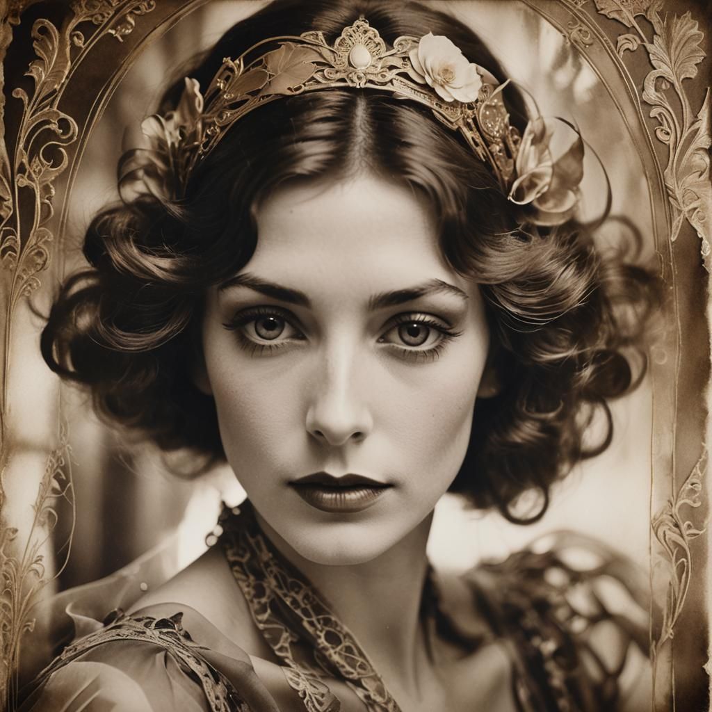 Art Nouveau Woman Portrait in Sepia Photography Style