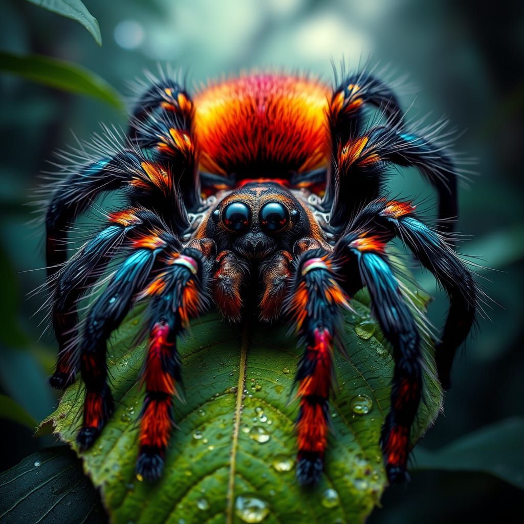 Vibrant Tarantula Perched on a Dewy Leaf
