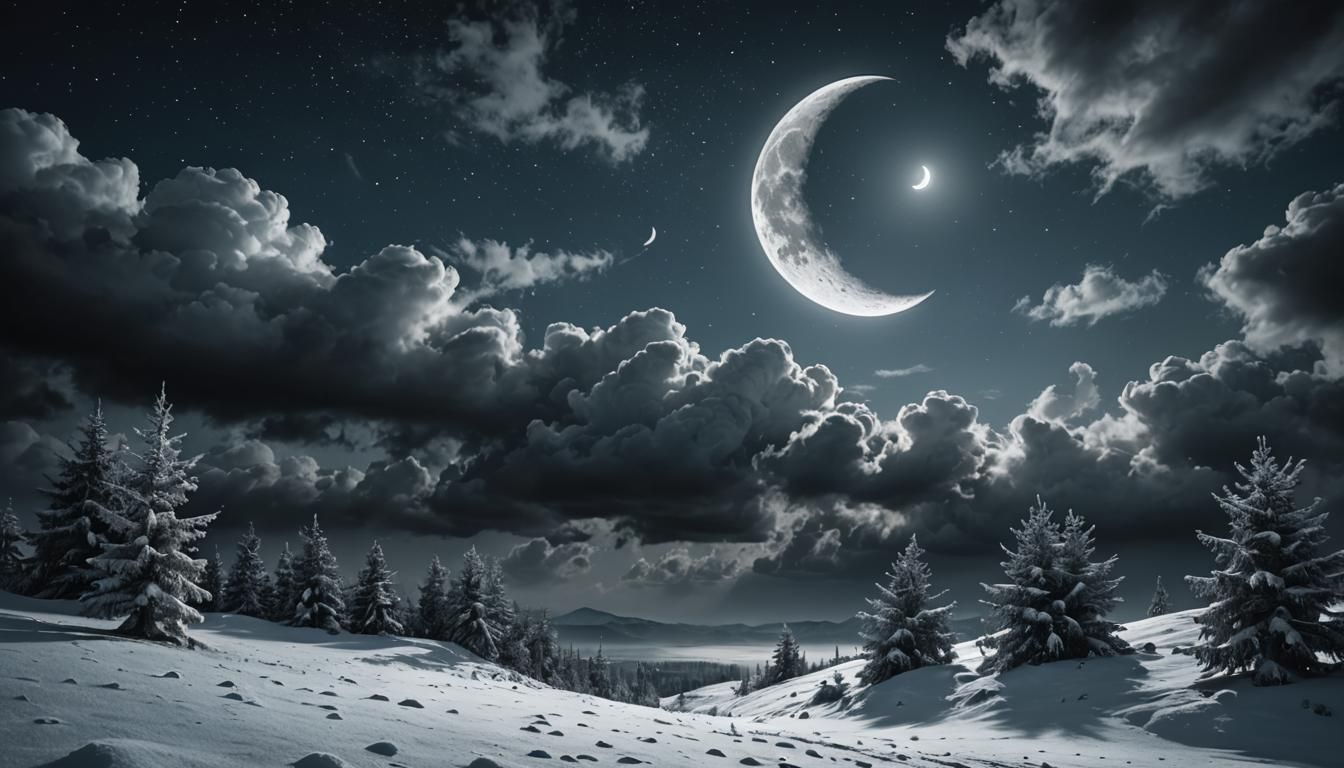 Dreamy Winter Landscape with Crescent Moon