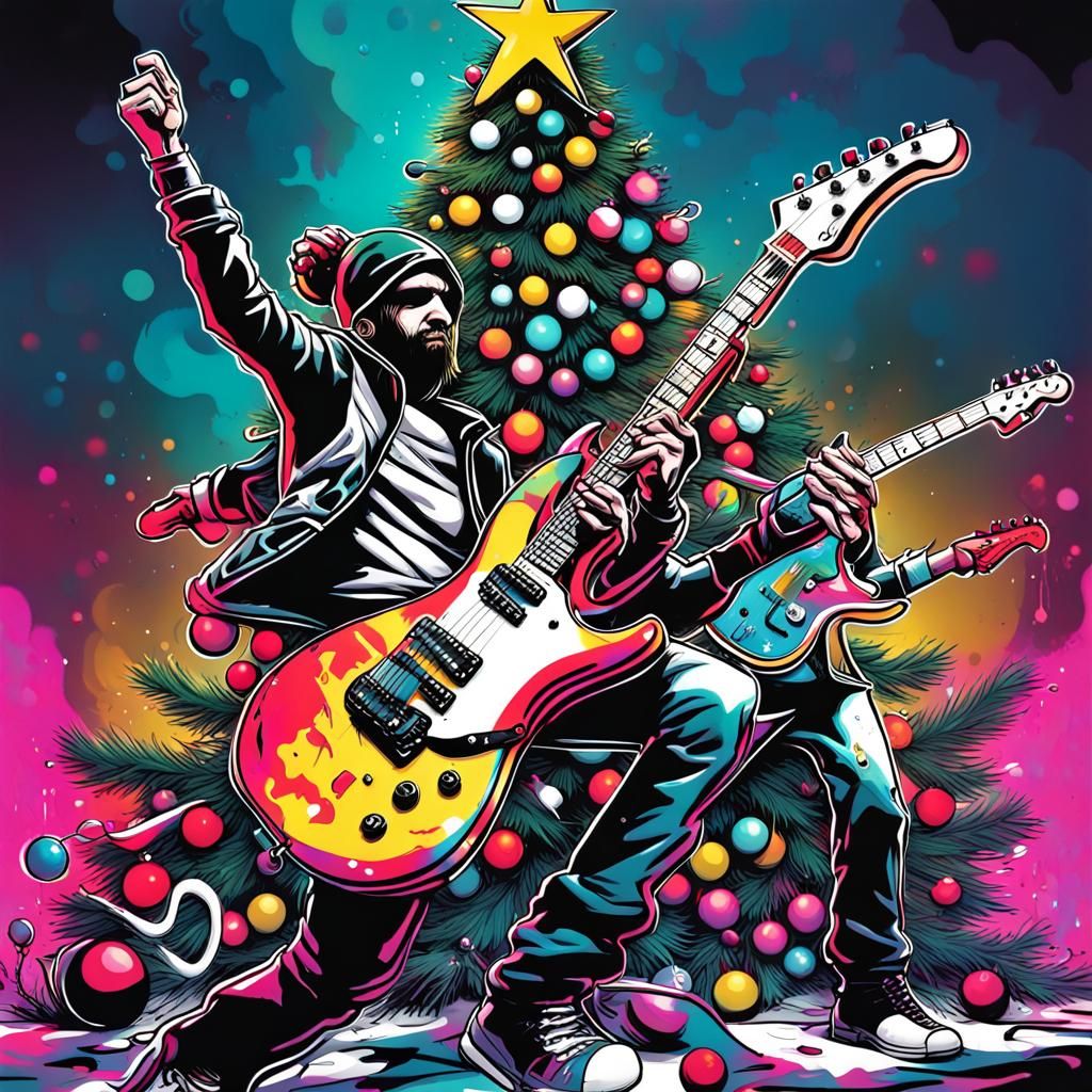 Metal Band Rocks Christmas Tree: Graffiti Line Art