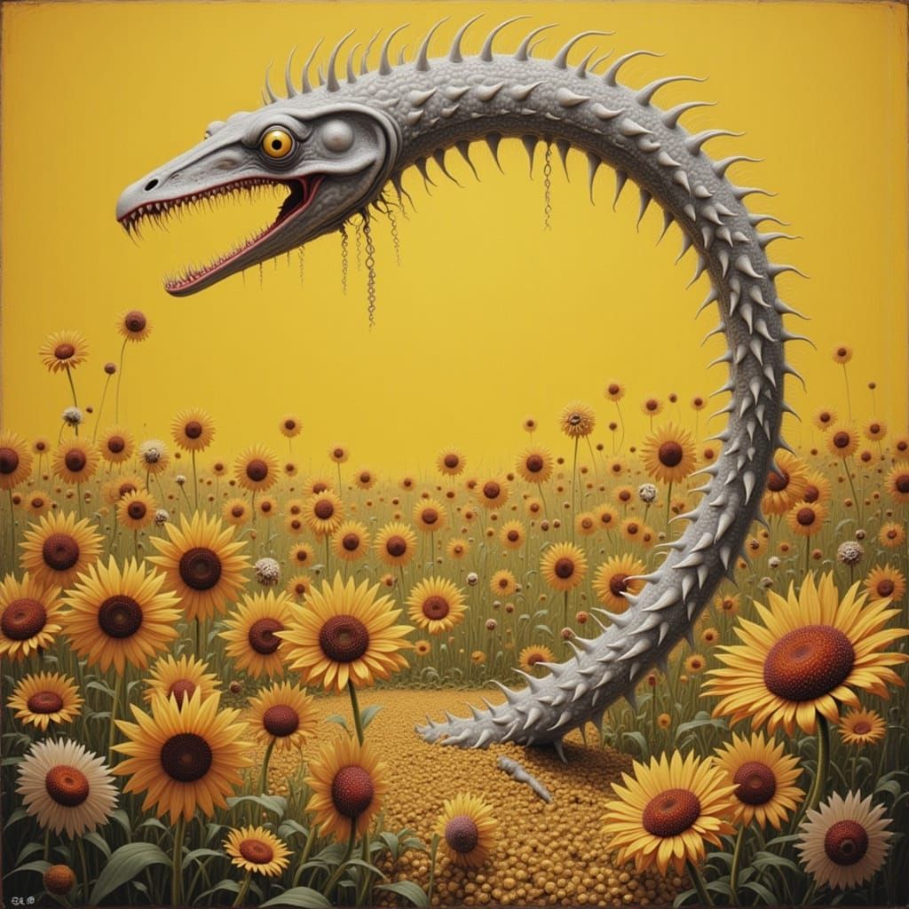 Silver Creature in Golden Surreal Landscape