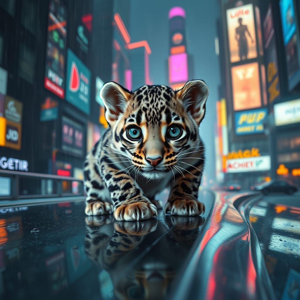 Cyberpunk Baby Leopard in Neon City