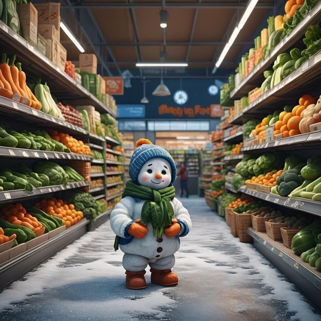 Sad Snowman Seeks Nose in Vegetable Aisle