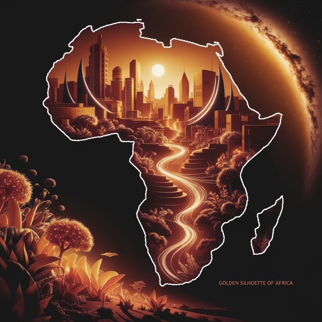 Golden Africa Silhouette with Futuristic Cityscape and Nebul...