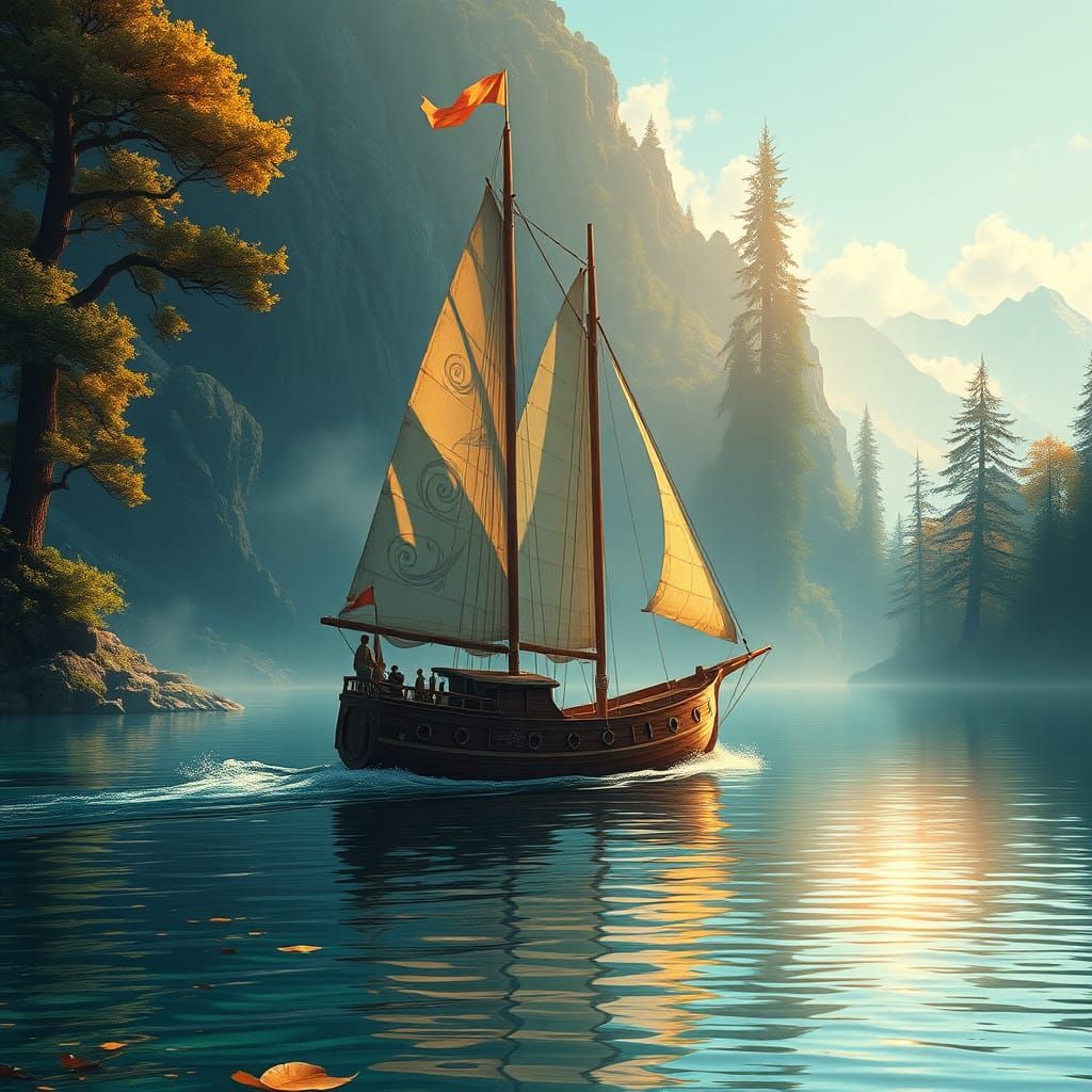 Majestic Sailboat in a Fantastical Lake Landscape