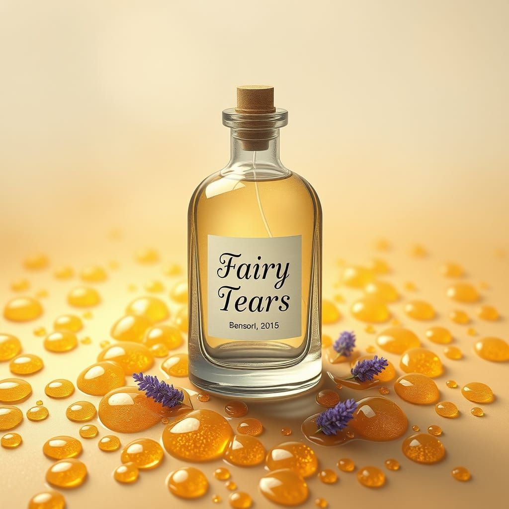 Whimsical Perfume Bottle Amidst Golden Tears Landscape