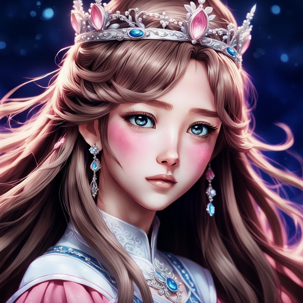 Anime Woman Portrait with Tiara in Dark Blue