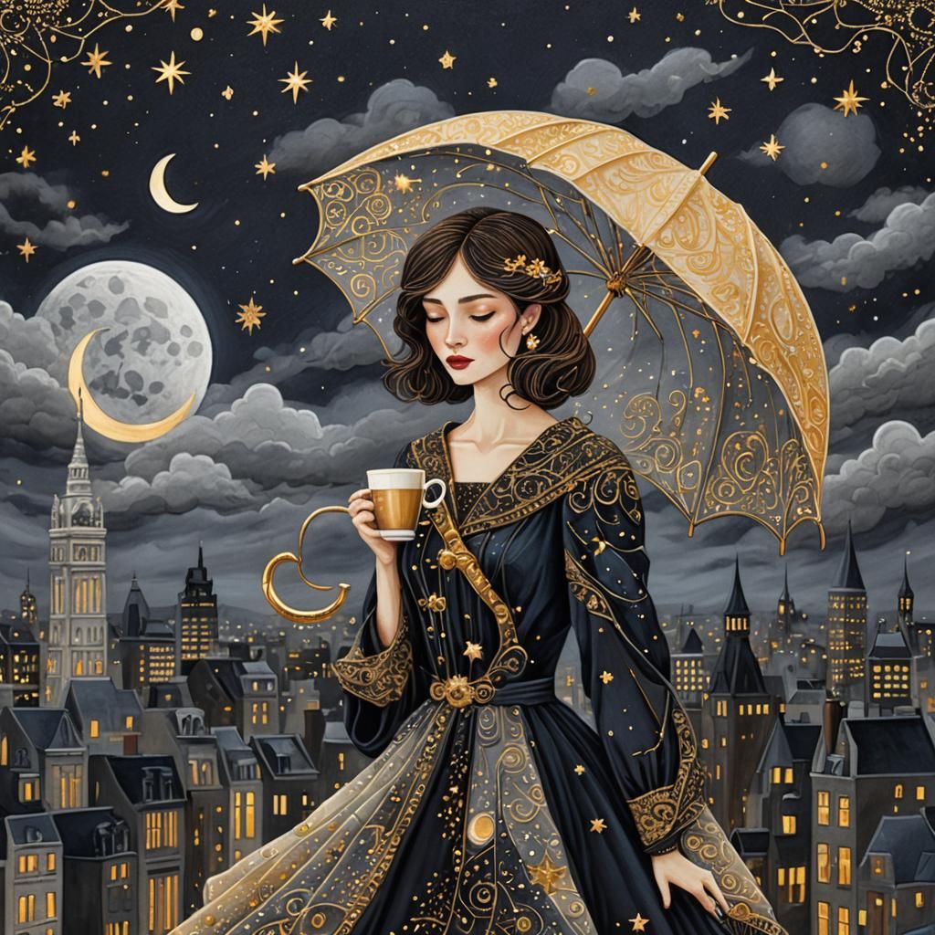 Starry Night Umbrella: Dark Fantasy Illustration