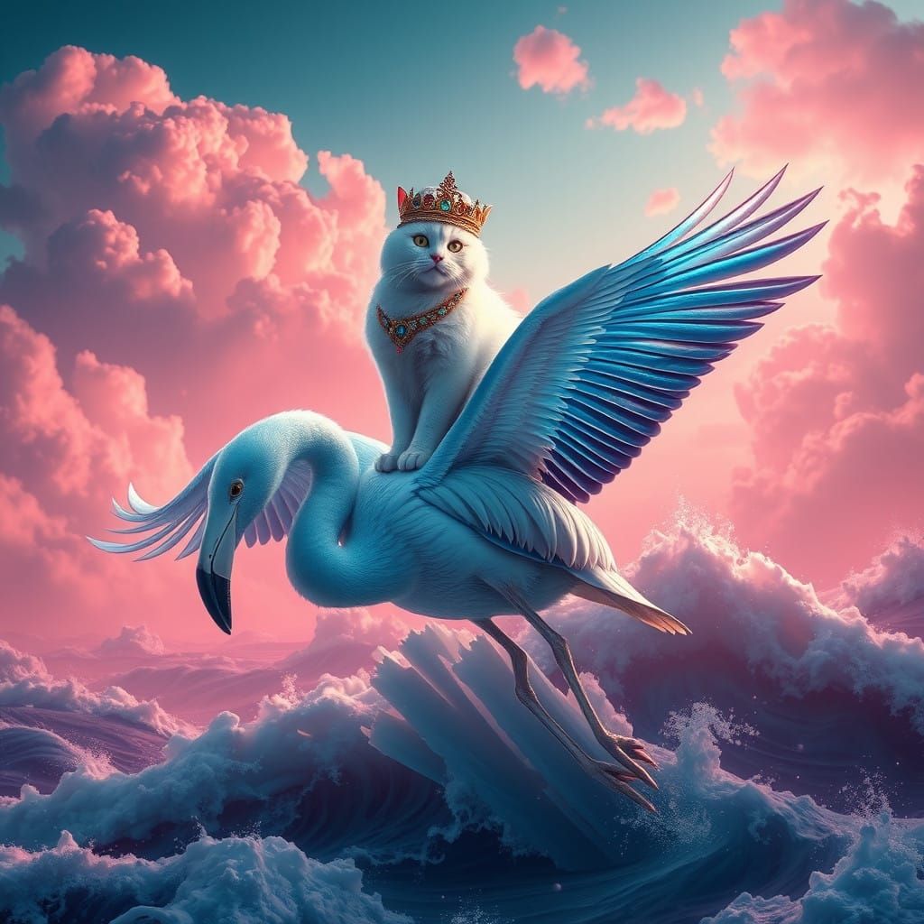 Regal White Cat Rides Majestic Blue Flamingo in Stormy Ocean...