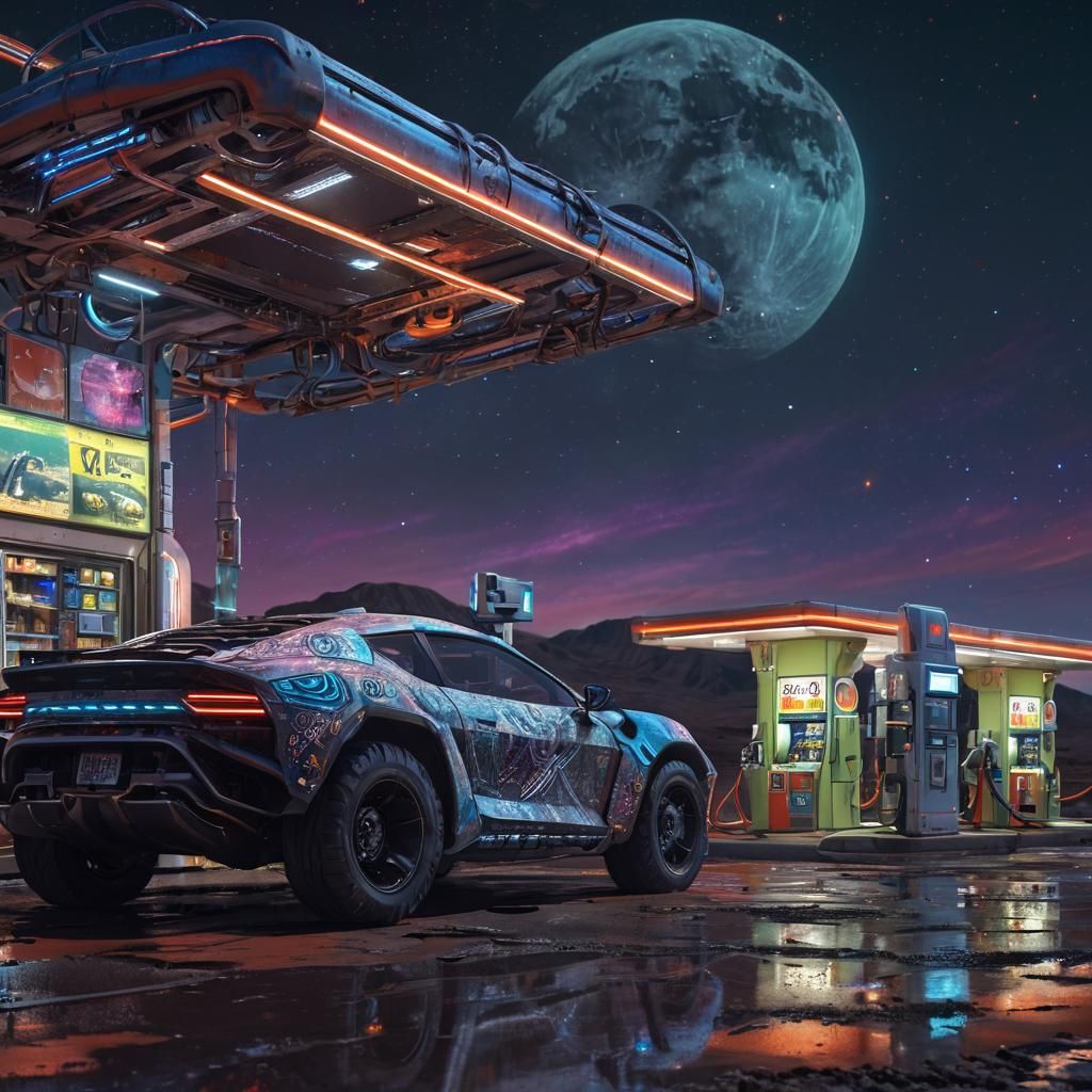 Futuristic Gas Station on a Cosmic Moon
