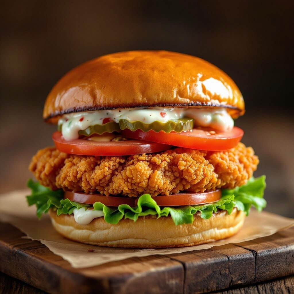 Delicious Fried Chicken Burger on Rustic Board