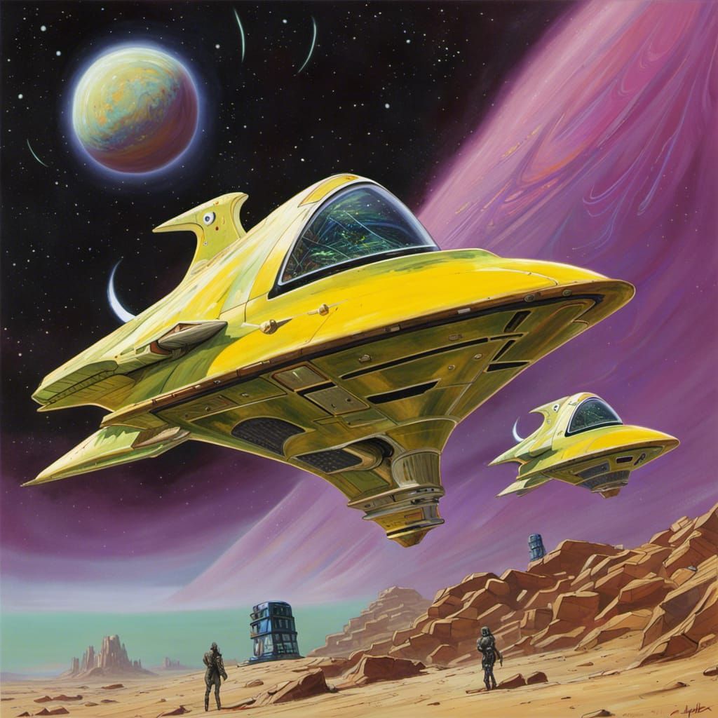Retro Starship Over Desert, Sci-Fi Art