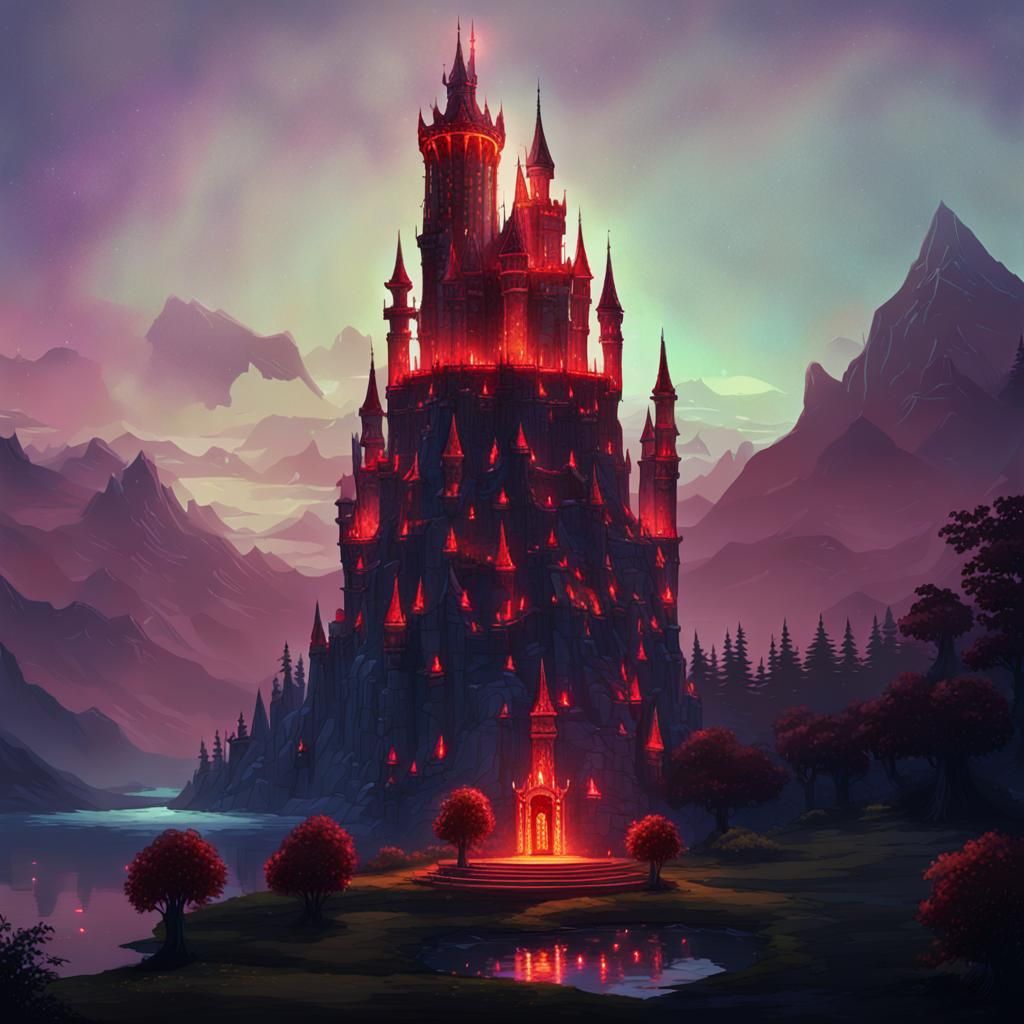 Fantasy Tower with Red Magic by Lake