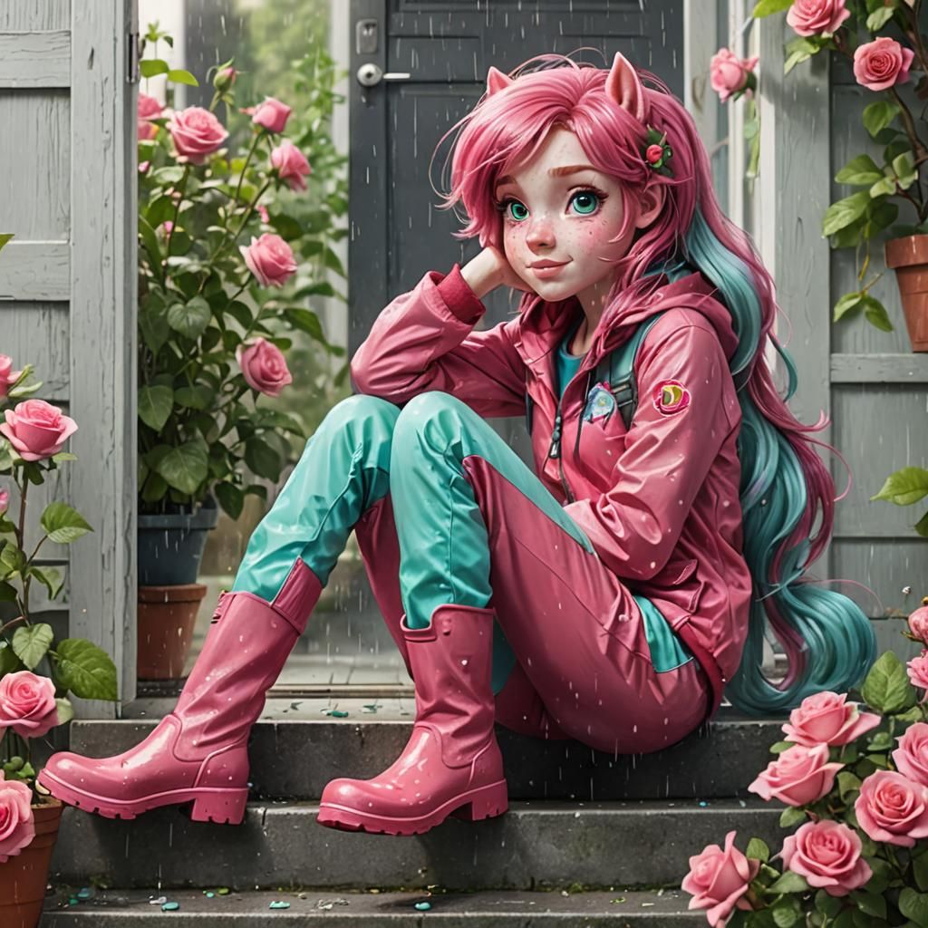 Freckled Girl in Rain Suit After Gardening