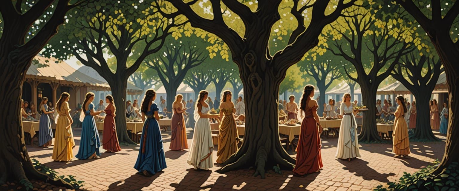 Fantasy Maidens With Babes Under Trees Near White City