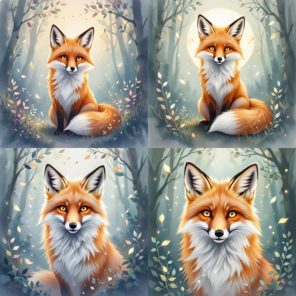 Magical Fox Portrait in Ethereal Watercolor Forest
