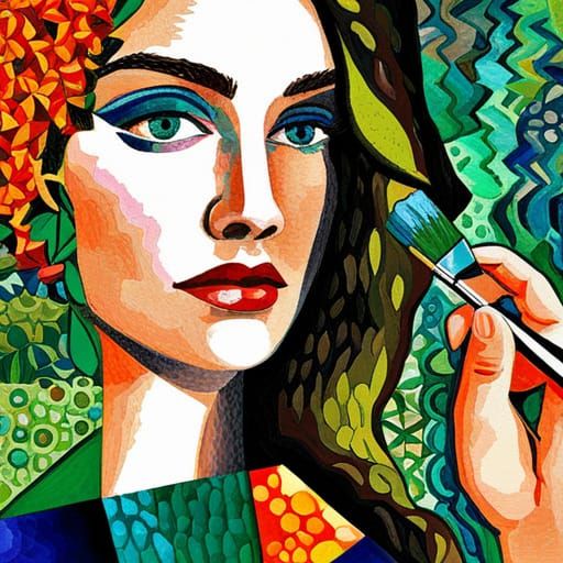 Geometric Fauvism Portrait with Olive Tree Background