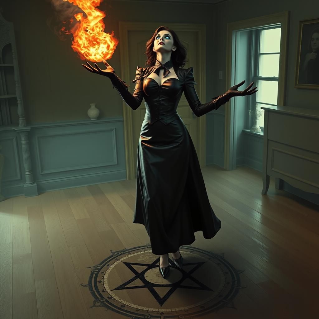 Victorian Woman Summons Fireball in Eldritch Horror Style