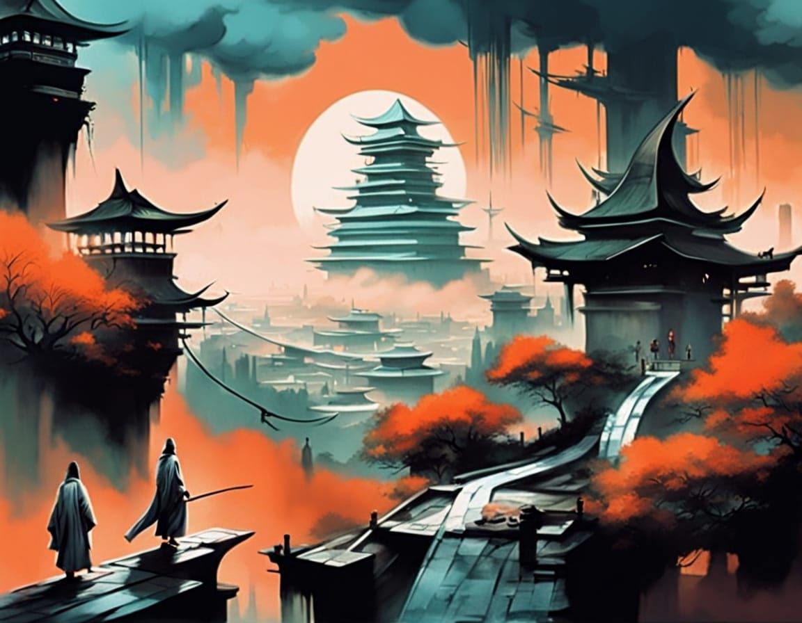 Utopian Cityscape Mural Over Dystopian Realm