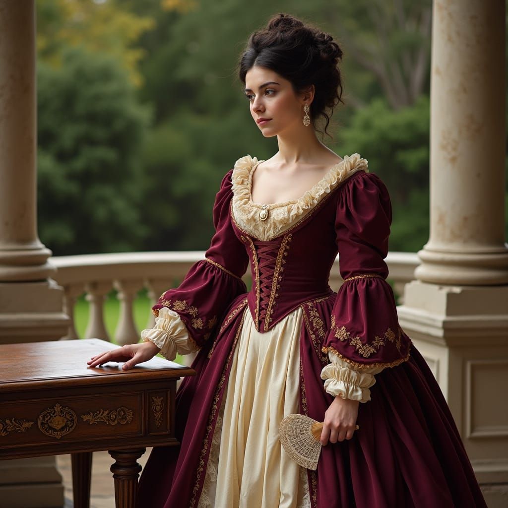 Victorian Lady in Burgundy Velvet Dress