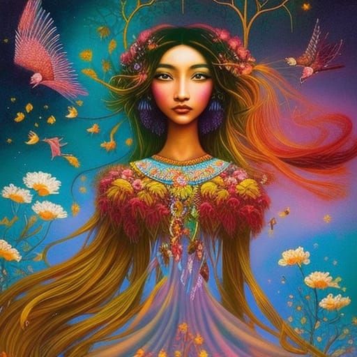 Magical Girl Portrait with Birds and Flowers