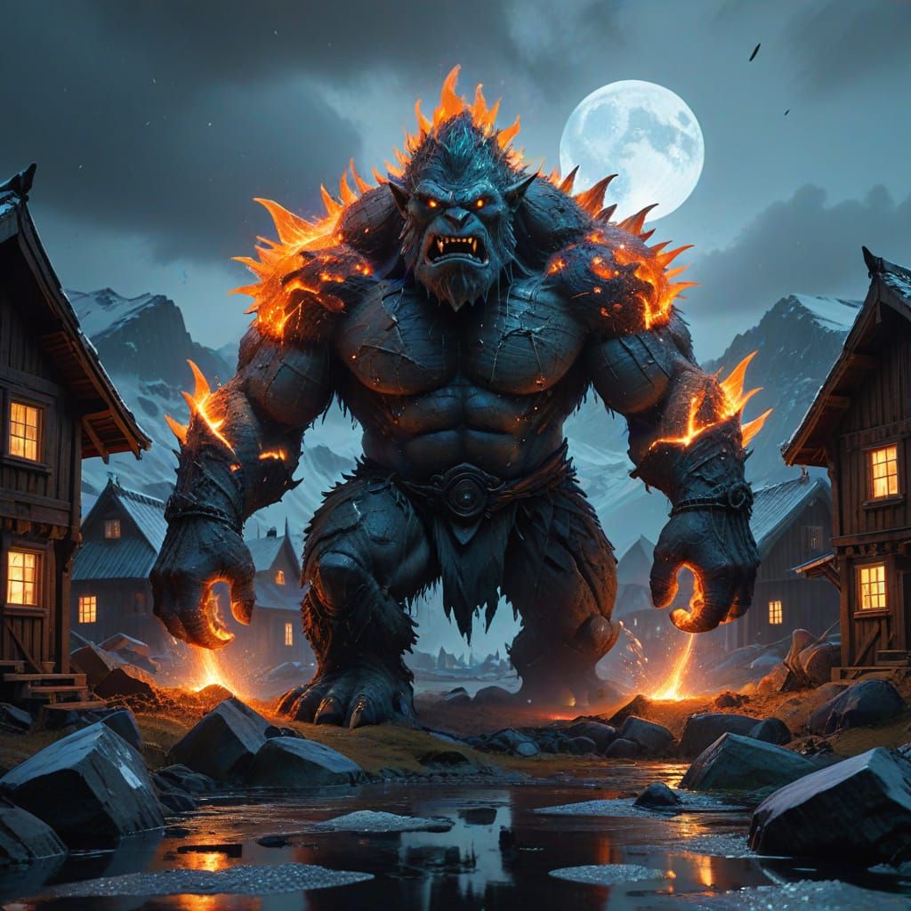 Hyperrealistic Norwegian Mountain Landscape with Trolls in R...