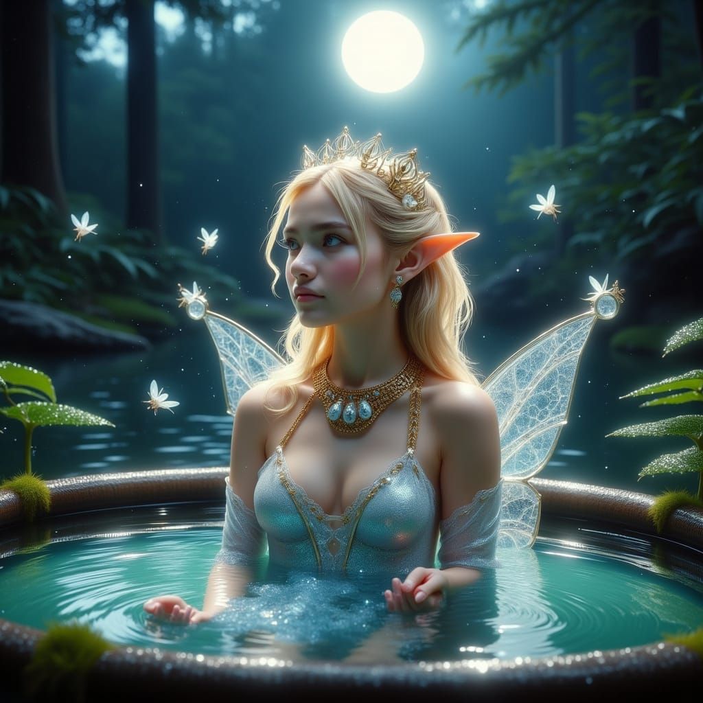 Elf Woman Bathes in Moonlit Forest Pond