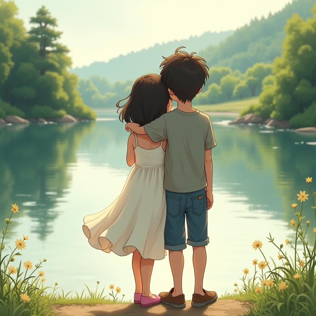 Youthful Embrace at River's Edge in Watercolor Style
