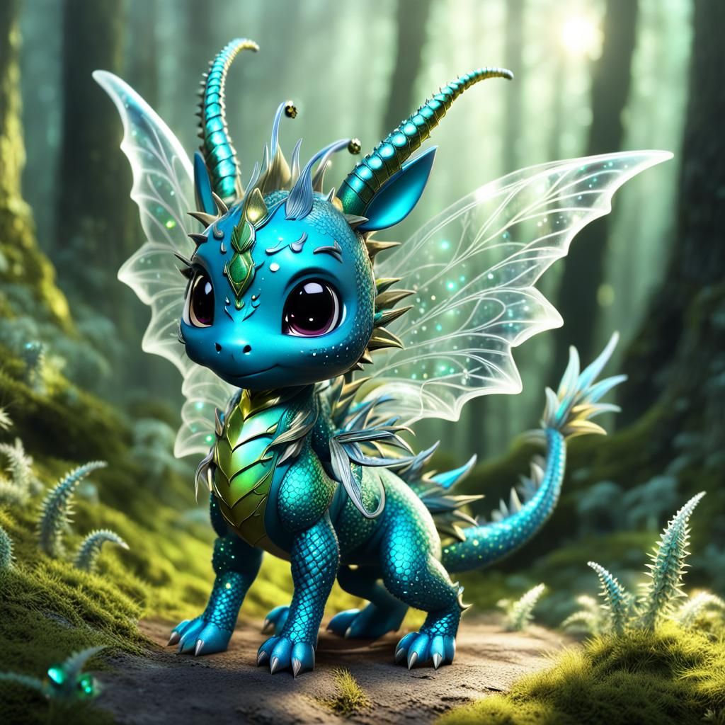 Baby Fairy Dragon with Jewel Horns in Mystical Forest