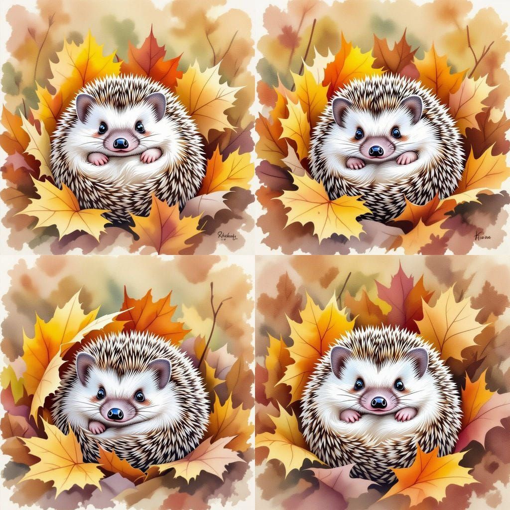 Tiny Hedgehog Hiding in Autumn Leaves Watercolor
