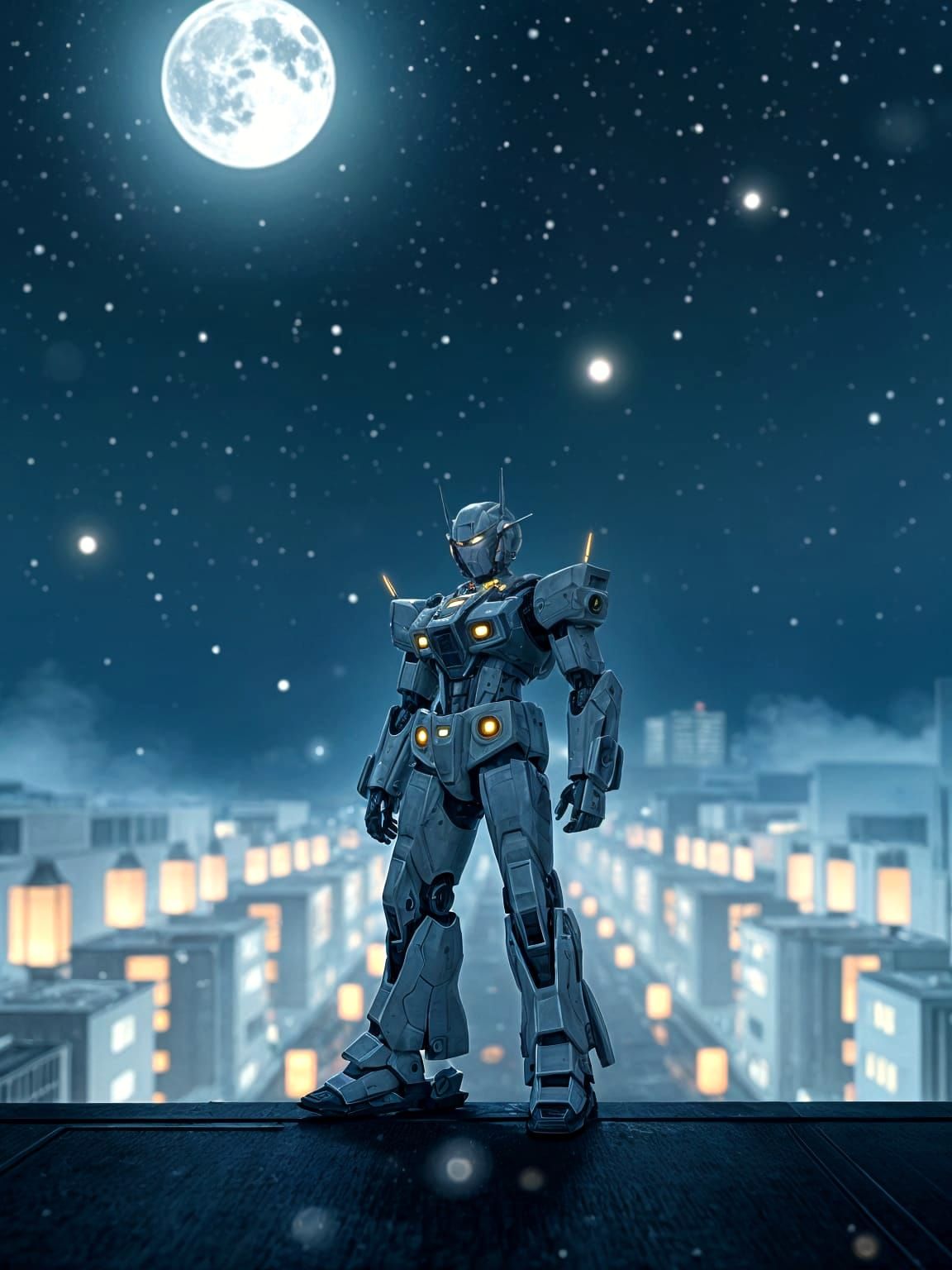 A contemplative anime-style mecha