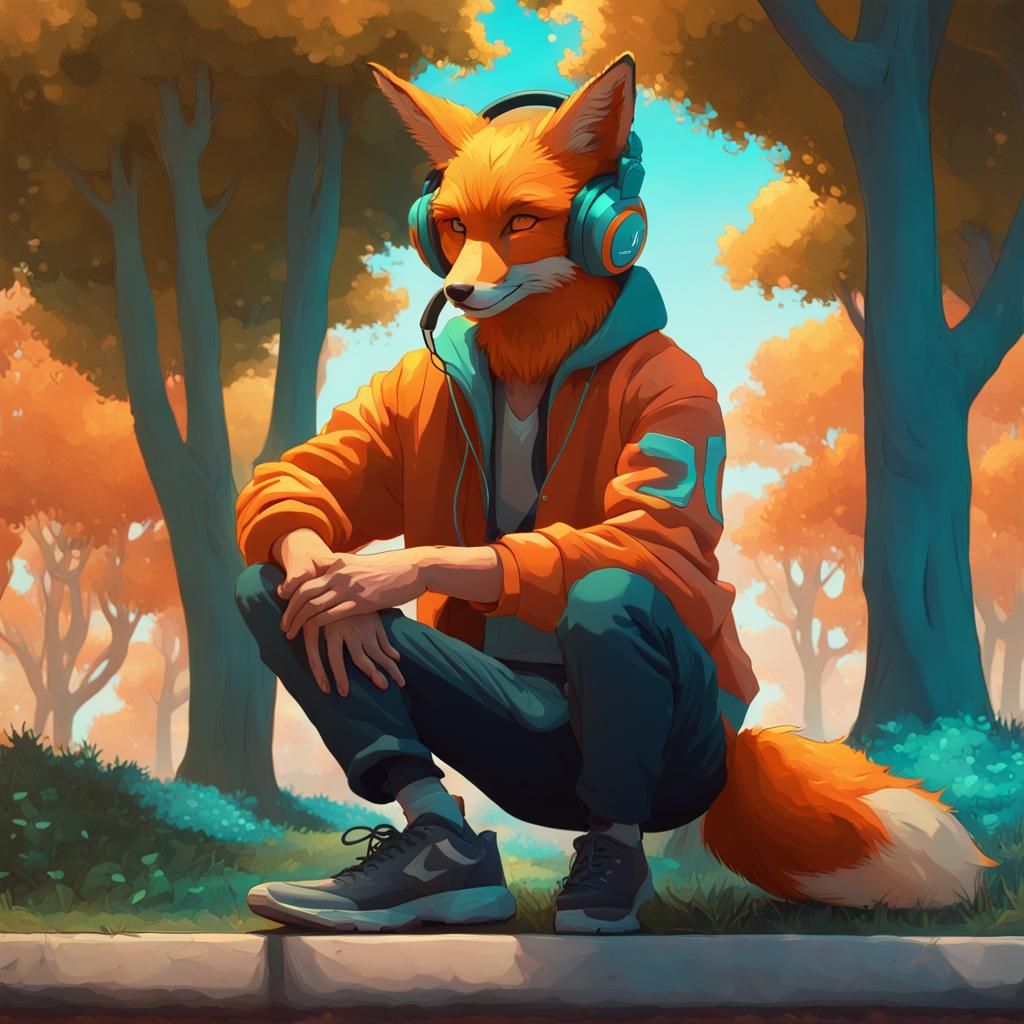 Orange Haired Fox Man Listening to Music
