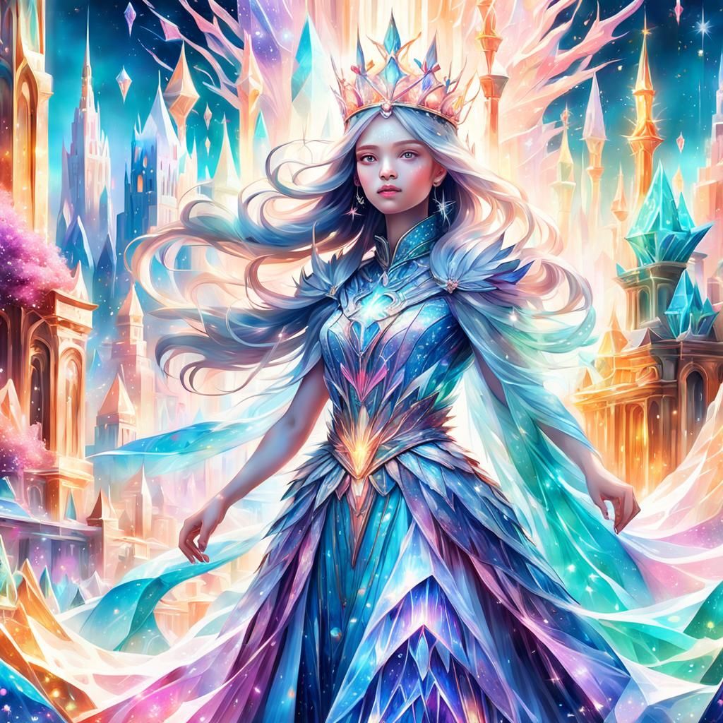 Celestial Princess in Crystal City: Surreal Digital Art