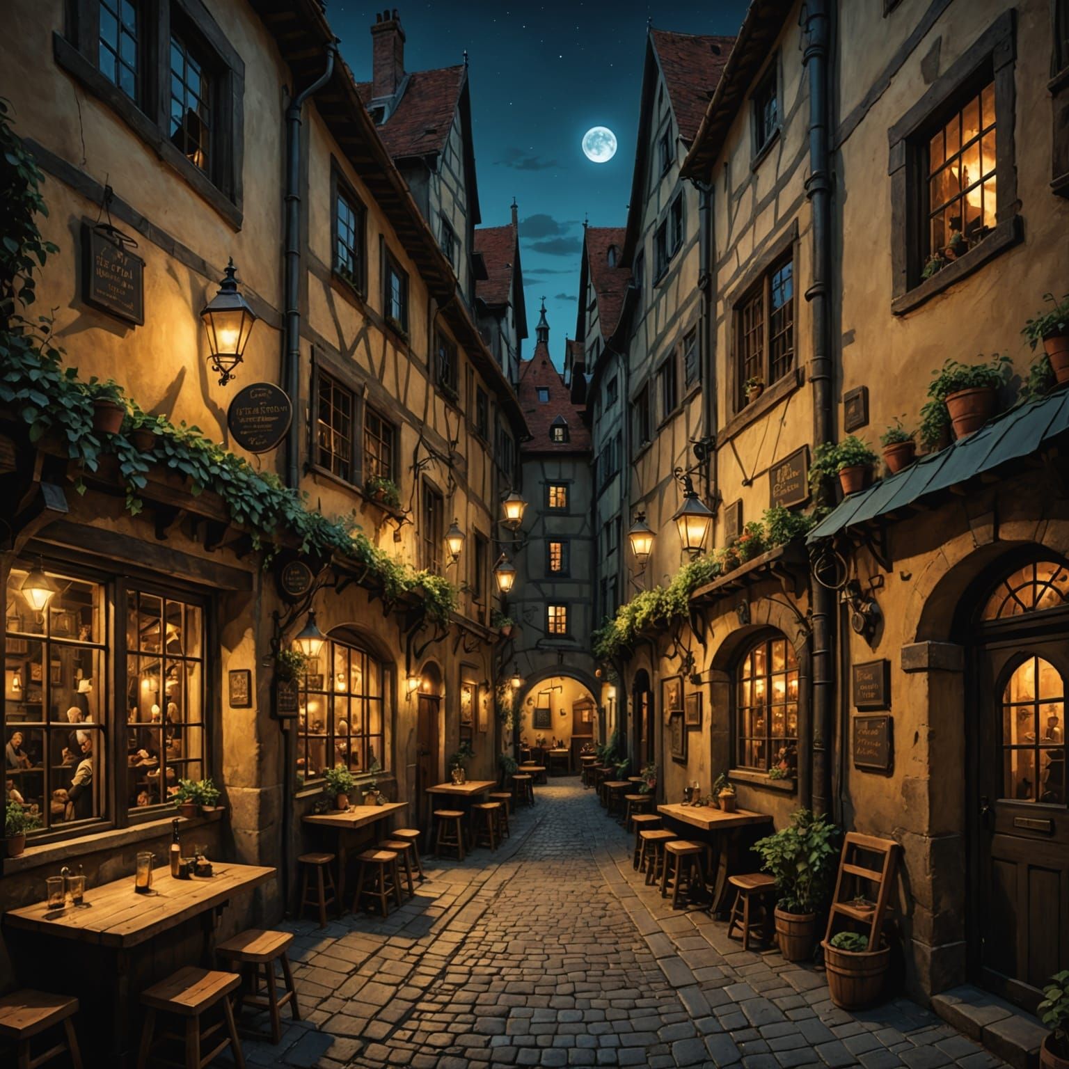 Bosch-Inspired Tavern Alleyways at Night