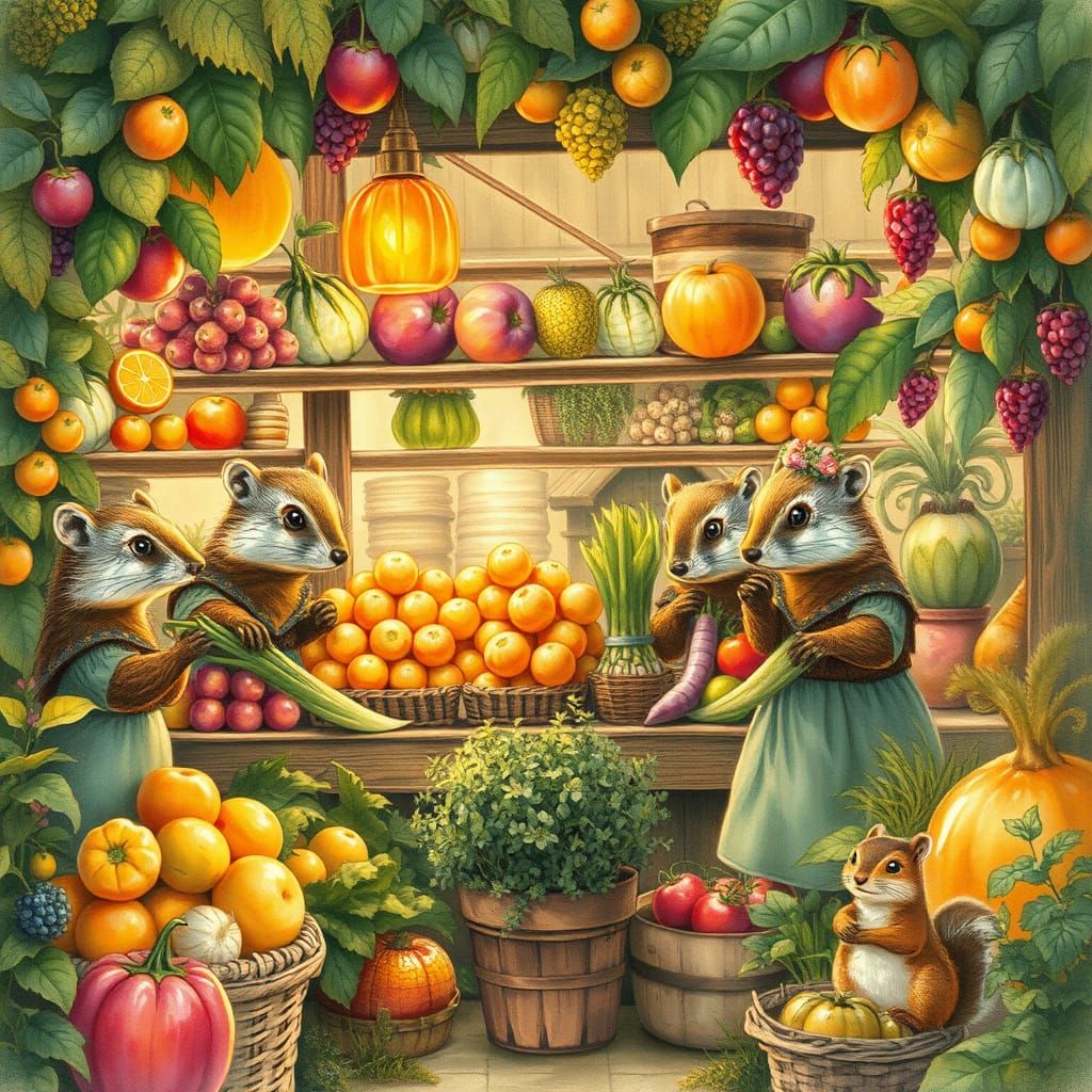 Enchanted Farmstand Scene in Beatrix Potter Style