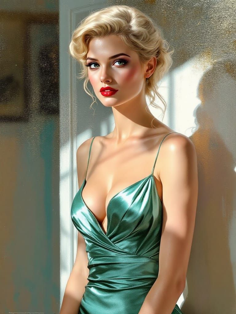 Glamorous Pin-Up Woman in Metallic Cyan Dress