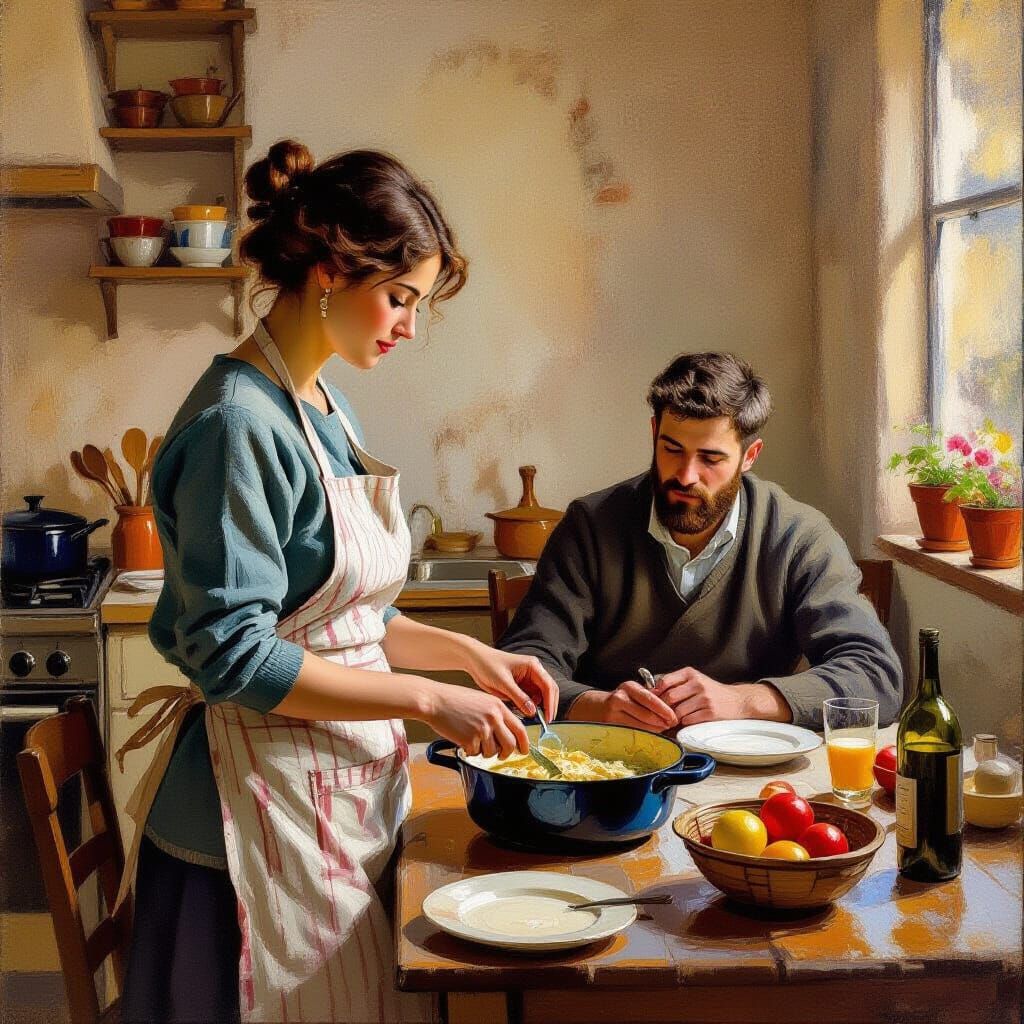 Cozy Kitchen Scene in Impressionist Style