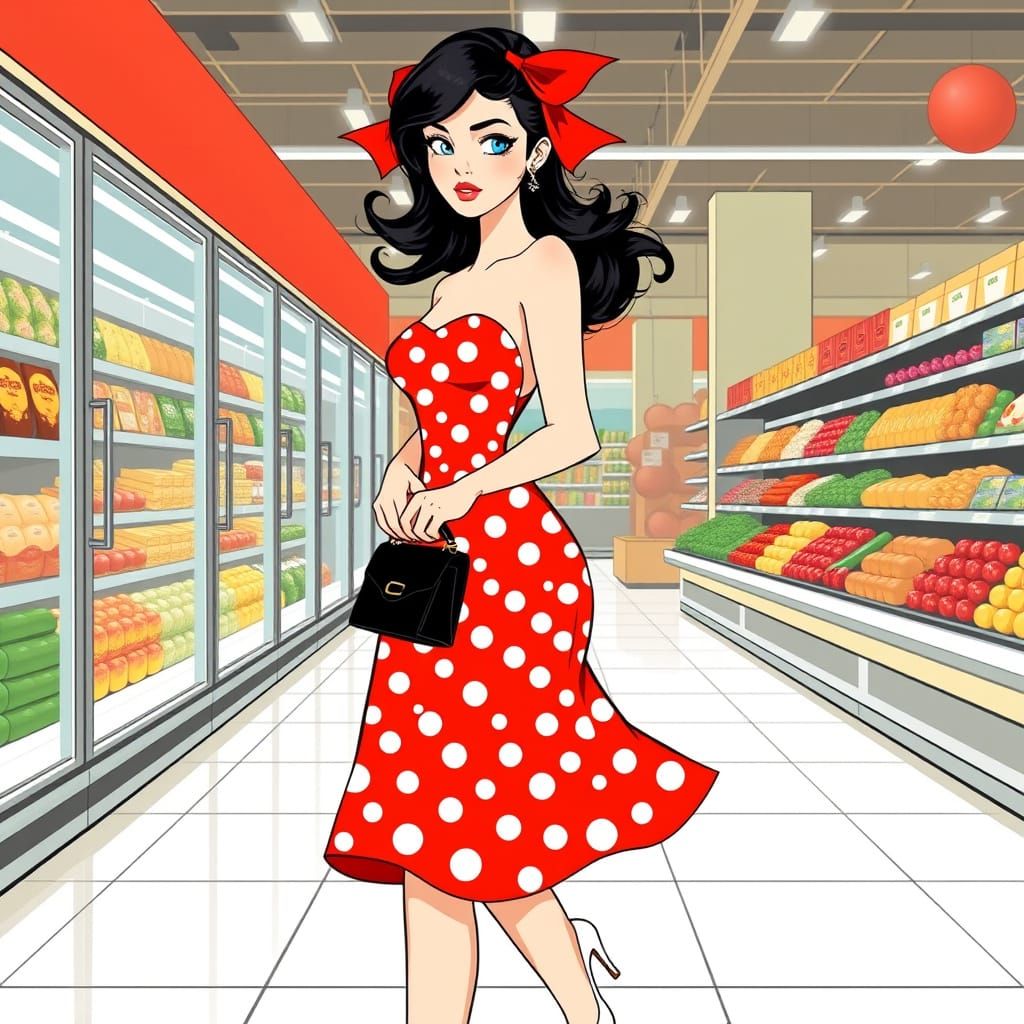 Elegant Woman Enters Modern Grocery Store in Art Nouveau Sty...