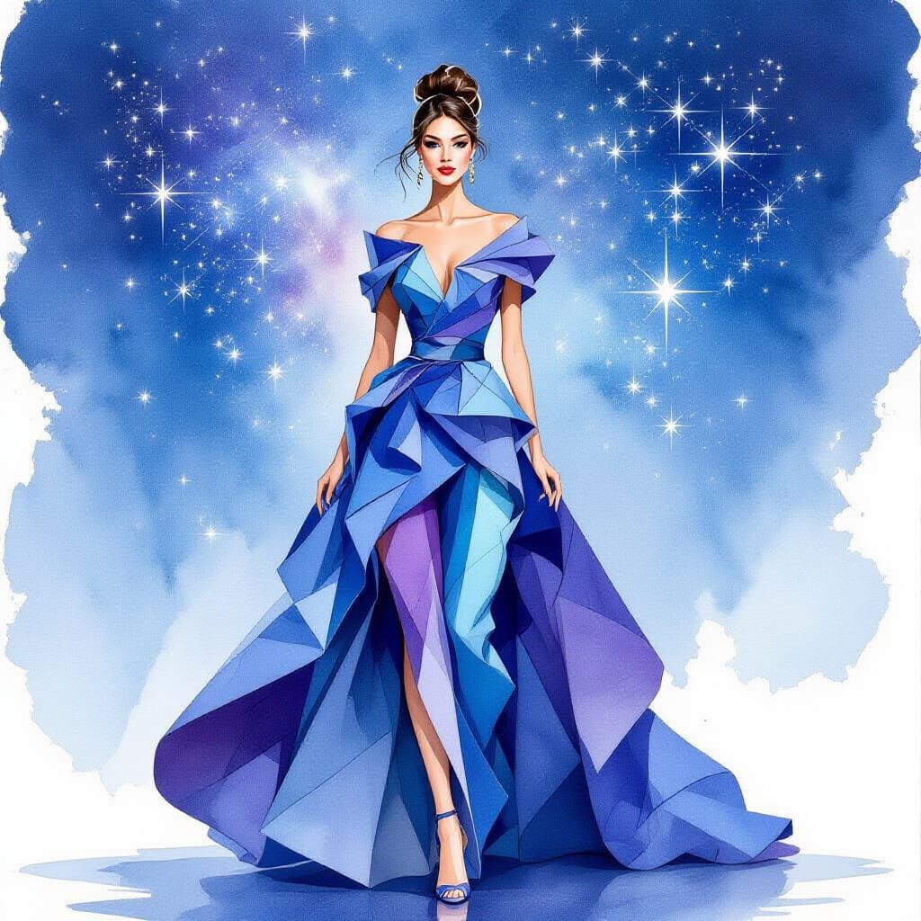 Elegant Woman in Origami Night Sky Dress