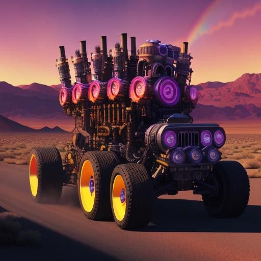 Drag car huge diesel engine in exploding psychedelic nuclear rainbow on desert flats Nevada sunrise