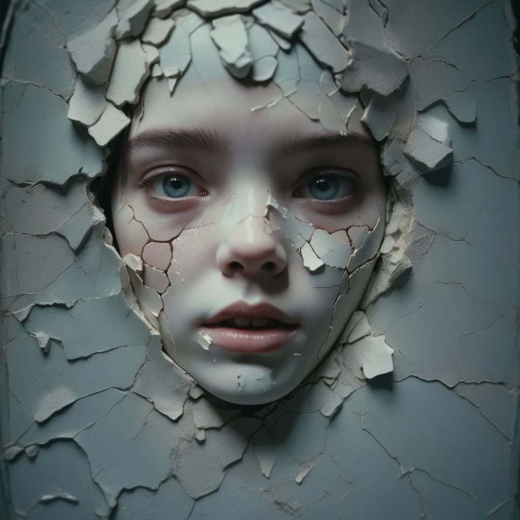Cracked Porcelain Face in Cinematic Film Still